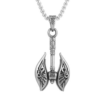 Imagem de Colar masculino com pingente de machado com asas de anjo viking norueguês, material de aço inoxidável 316L, corrente quadrada de pérola de aço inoxidável prateado, joia vintage de amuleto nórdico,