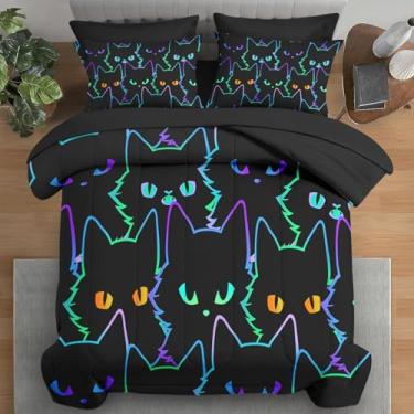 Imagem de Pamnest Jogo de lençol Queen com edredom fofo, gato, Halloween, 7 peças, para crianças e adultos, gótico engraçado, neon com elástico, 2 fronhas e 2 fronhas para decoração de quarto