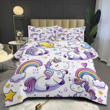 Imagem de AUCOOMA Conjunto de edredom com estampa de unicórnio, tamanho solteiro, para crianças e adultos, conjunto de edredom com fronhas