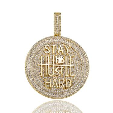 Imagem de ICEDIAMOND Colar pingente folheado a ouro 14K Stay Humble-Hustle Hard Incentivar, Iced Out CZ Diamond Hip Hop Charm Jóias para Homens Mulheres (Gold)