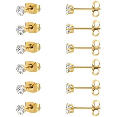 Imagem de MDFUN 6 pares de brincos de zircônia cúbica redonda banhada a ouro amarelo 18 K, pacote com 6 4mm Branco