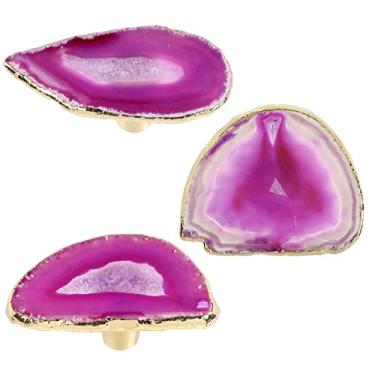 Imagem de Rockcloud Pacote com 4 puxadores decorativos de gaveta de fatia de ágata com parafusos, alças de armário de ágatas de forma irregular com borda banhada a ouro, rosa vermelha
