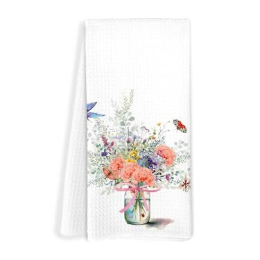 Imagem de FITIE Toalhas de cozinha vintage boho floral pássaro azul, buquê de cravos em aquarela, toalhas de chá decorativas para decoração de cozinha, toalhas de mão de flores silvestres de fazenda para