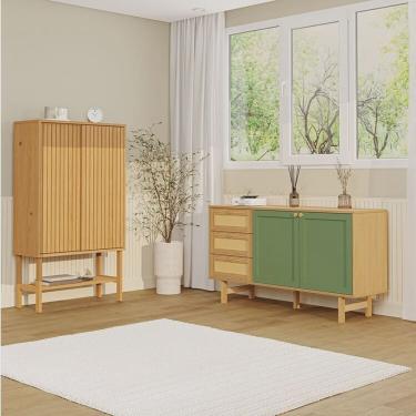 Imagem de Kit Buffet 2 Portas Laca 3 Gavetas Rattan com Cristaleira Porta Ripada Magna Cabecasa