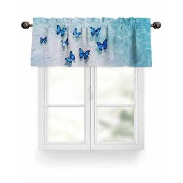 Imagem de Cortina de sanefa de cozinha oceano verão sanefa borboleta azul para janelas filtragem de luz cortinas curtas bolso haste tratamento de janela para quarto sala de estar 106,7 cm L x 30,5 cm C