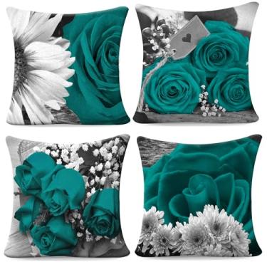 Imagem de FCOZM Pacote com 4 capas de almofada azul-petróleo, 45,7 x 45,7 cm, azul-petróleo, rosa, preto, cinza, flores decorativas, para sofá-cama, exterior, turquesa, flor, linho, fazenda, primavera, verão