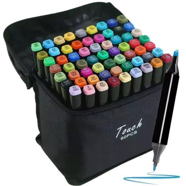 Imagem de Estojo Canetas Marcador 60 Cores Canetinhas Ponta Dupla Bolsa Desenho Pintura