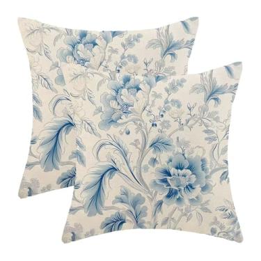 Imagem de AEIOAE Chinoiserie Capas de almofada florais 45,7 x 45,7 cm, conjunto de 2, flores azuis e brancas, capas de almofada decorativas, vintage, roupa de cama para ambientes internos e externos, sofá