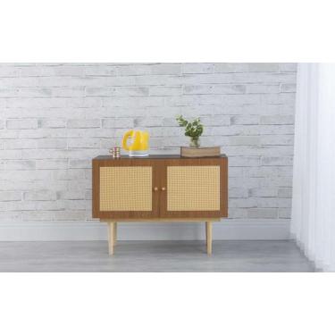 Imagem de Balcão Buffet Pés Palito Madeira Pequeno 2 Portas Mdf E Palhinha Estil