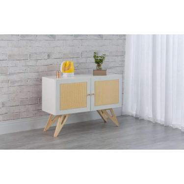 Imagem de Balcão Buffet Mdf Branco Pés Taeda 2 Portas Com Palhinha Retrô Freddie