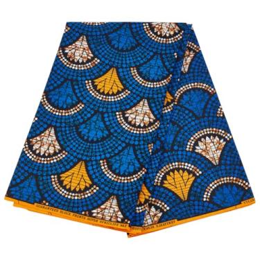 Imagem de MAYJOYDIY 6,4 metros Tecido africano de poliéster azul 117 cm africano Ankara Print Tecidos padrão de leque Tecido com impressão de cera africana para vestidos, camisas, bolsas, cortinas, toalhas de