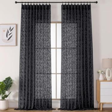 Imagem de Lecloud Cortinas pretas plissadas transparentes 2 painéis de 2 painéis para janela grande, texturizadas jacquard extra largas para sala de estar com anéis de ganchos de aba traseira, 152 cm L x 243 cm