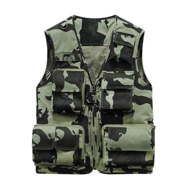 Imagem de Colete De Pesca Masculino Plus Size Camuflado De Malha Fina Sem Mangas Com Vários Bolsos, Casaco Impermeável E À Prova Vento, Para Fotografia, Caça, Caminhadas, Ciclismo, Pesca, Tiro(Military green,X-