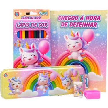 Imagem de Kit Escolar DOCES/UNICÓRNIO para Colorir com Estojo Metálico - Polibri