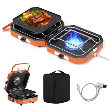 Imagem de Kirumie Fogão Popane ajustável de 2 bocas com 16.000 BTU, proteção contra chamas, churrasqueira de acampamento e bolsa de transporte, fogão de acampamento portátil para acampamento, churrasco no