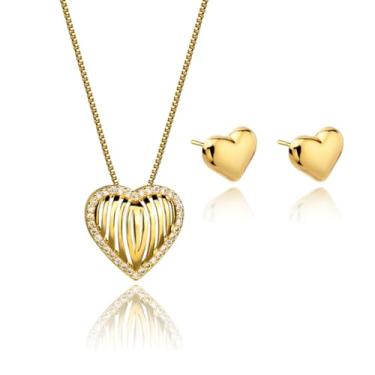 Imagem de FLORA CONJUNTO COLAR A OURO 18K ZIRCÔNIA CRAVEJADA CORAÇÃO VAZADO E BRINCO CORAÇÃO FOLHEADA 18K LISA
