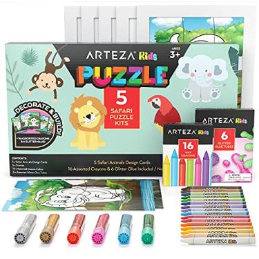 Imagem de Arteza Kids Kit de quebra-cabeças, 5 quebra-cabeças safári, 16 gizes de cera, 6 tubos de cola com glitter, 5 molduras, faça você mesmo e atividades infantis sem tela para crianças a partir de 3 anos, Natal, presentes de aniversário para meninos e meninas