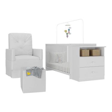 Imagem de Berço Cômoda Meu Bebê MP4108 Kit com Colchão Poltrona e Puff 2 Gavetas MDP 166cm Branco Multimóveis