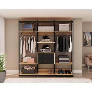 Imagem de Conjunto Closet 3 Modulado Com1 Cabideiro E 4 Gavetas Com Puxador Em Courino Freijó-preto