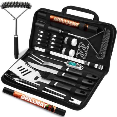 Imagem de RINPIR Conjunto De Acessórios Para Churrasco Com 31 Peças Homens E Pais, Ferramentas Grelhar Resistentes, Presentes O Dia Dos Kit Utensílios Aço Inoxidável Tapetes, Escova Na Bolsa Transporte Preta