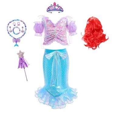 Imagem de e-super Mermaid Princess Dress for Girls Ariel Costume Cosplay Dress Up Flying Sleeve Tutu Dress Slip Dress of Summer (MB09, 7-8T)