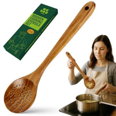 Imagem de Bkiok Colher De Madeira Para Cozinhar, Escumadeira Antiaderente Com Cabo Longo, Escorredor Teca