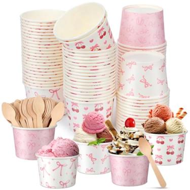 Imagem de Gejoy Conjunto de 200 peças de 100 copos de sorvete com colher 227 g copo de papel descartável sobremesa tigela de sorvete lembrancinha de festa (arco de coquete)