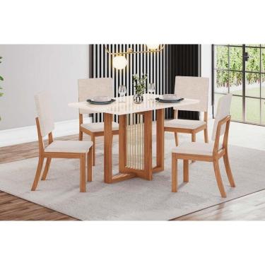Imagem de Conjunto: Mesa de Cozinha Natalí c/ Tampo Madeirado c/ Vidro Reto 120x80cm e 4 Cadeiras Milla Nature/Suede Light Linho - Henn