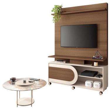 Imagem de Estante Home Theater òrbis Castanho Off White E Mesa De Centro Sky Com Tampo De Vidro Off White- Hb Móveis