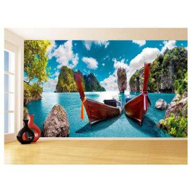 Imagem de Papel De Parede 3D Praia Mar Canoas Barcos Céu 3,5M Npr287 - Você Deco