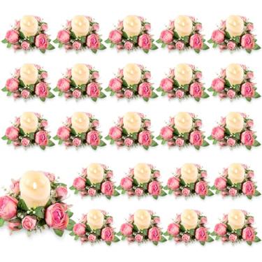 Imagem de Kittmip Conjunto de 24 anéis de vela, coroas artificiais de 7,6 cm, com velas sem chamas, pilar de LED operado por pilar, castiçais para mesa de festa de casamento, decoração de casa (rosa)