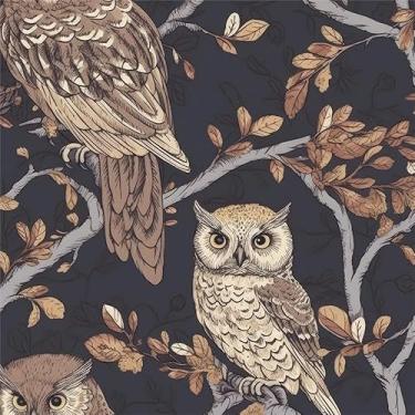 Imagem de VistaPalette Papel de parede vintage coruja animal pássaro marrom/azul marinho para decoração de parede autoadesivo papel de parede adesivo fácil de retirar contato para apartamento de locatário