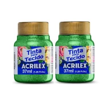 Imagem de Kit Com 2 Tintas para Tecido com Glitter Acrilex 37ml – Brilho Intenso, Alta Cobertura e Fixação a Frio para Suas Criações acabamento cintilante, alta cobertura e durabilidade superior, sendo ideais para customização de roupas, acessórios, peças decorativas e projetos artísticos em geral. (Verde 206