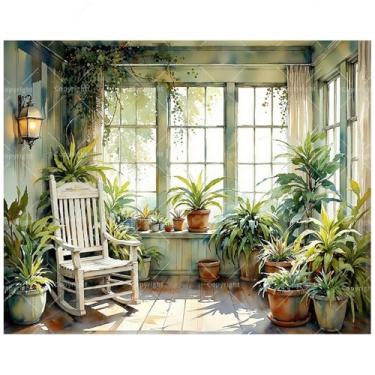 Imagem de Kit aconchegante de pintura por números para adultos – Cadeira de balanço de madeira DIY e plantas verdes na marquise pintura em tela 40 x 50 cm, conjunto de tinta acrílica, adequado para iniciantes