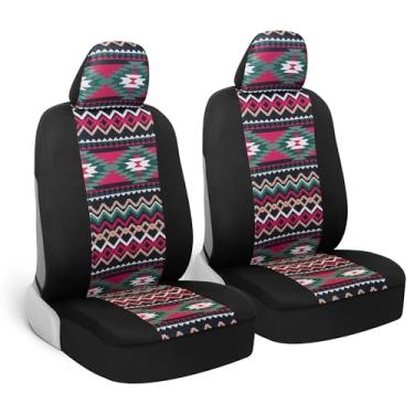 Imagem de Capas de assento de carro BDK rosa padrão Inca, apenas assentos frontais – Conjunto de capas de assento frontal com impressão geométrica e apoio de cabeça combinando, design lateral para , ajuste universal para caminhões de carro e SUV