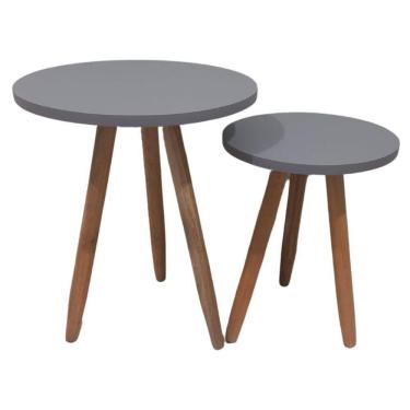 Imagem de Conjunto 2 Mesas De Canto Laterais Sofá Sala Mdf Pés Madeira Cinza