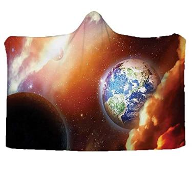 Imagem de Cobertor com capuz infantil espacial, nuvem de poeira nebulosa estrelas em cena do sistema solar com planeta Terra Plutão e Netuno, cobertor vestível para sofá bebê crianças homens mulheres, L 203 x C
