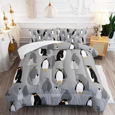 Imagem de XYNHML Jogo de cama com estampa de pinguim, 3 peças, Queen Antártico, animais selvagens, para crianças, adolescentes, meninas, meninos, adultos, cinza, branco, preto, pinguins selvagens, safári