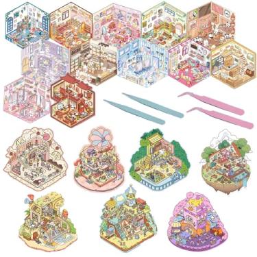 Imagem de Bayurht 20 conjuntos de adesivos de cena 3D faça-você-mesmo adesivos decorativos fofos adesivos isométricos Kawaii 3D casa desenho animado animal adesivo para fazer seus próprios adesivos bolsas de