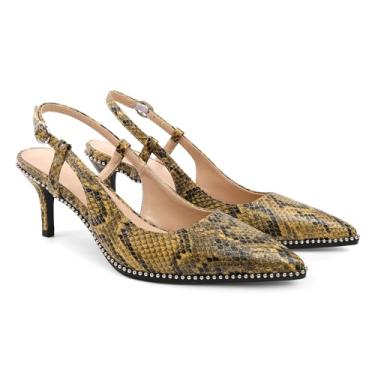 Imagem de AUMOTED Sapatos femininos de salto baixo com salto slingback bico fino salto frisado 6,3 cm elegante escarpin elegante, Estampa de cobra amarela, 39