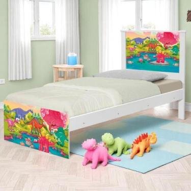 Imagem de Cama Solteiro com Cabeceira Adesivada Dinossauros Coloridos - Kids Mob