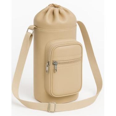 Imagem de Bolsa Térmica com Bolso GALANTE em Courvin para Garrafa com Forro e Alça Transversal Regulável, Modelo Original Exclusivo, Acabamento de Qualidade Artesanal Premium (Bege, 500 ml)