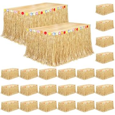 Imagem de Fovths Pacote com 24 saias de mesa de grama Luau Natural 2 pés x 75 cm Saia de mesa havaiana para decorações de festa havaiana tropical festa fantasia festa luau, amarelo palha