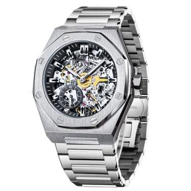 Imagem de OLEVS Relógio de pulso masculino automático, esqueleto, mecânico, de aço inoxidável, clássico, à prova d'água, à prova d'água, Preto e prata-6669