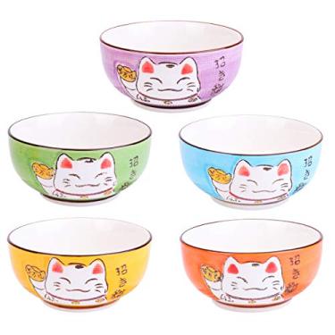 Imagem de Amosfun 5 peças tigela de arroz de cerâmica de porcelana japonesa tigelas de sopa japonesa tigela de sobremesa tigela de aperitivo tigela de lanche Maneki Neko tigela de gato da sorte para decoração de cozinha doméstica