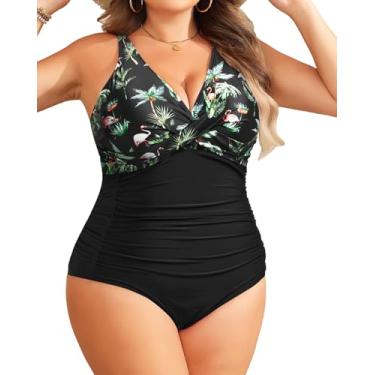 Imagem de Yonique Maiô plus size, peça única, para mulheres, controle de barriga, emagrecedor, roupa de banho, Flamingo preto, 20 Plus Size
