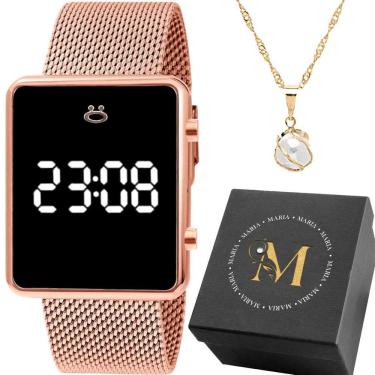 Imagem de Relogio Digital Aço Silicone Feminino + Colar Perola