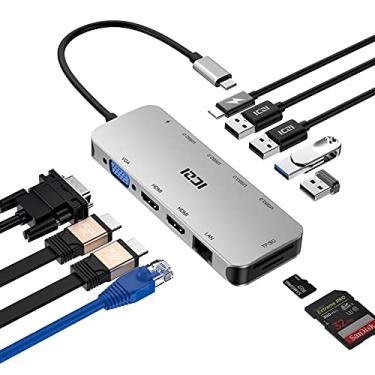 Imagem de ICZI Adaptador multiportas USB C Hub 11 em 1 com 2 monitores triplos HDMI, VGA, 100W PD, 4 portas USB, Ethernet, SD/TF para MacBook Air/Pro, laptop, PC, desktop, superfície.