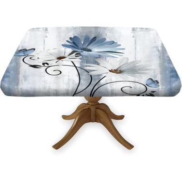 Imagem de Toalha de mesa quadrada de poliéster, margaridas rústicas, bordas elásticas, pranchas, de madeira, impermeável, resistente a manchas, para uso em festas internas e externas, adequada para mesa de 91 x