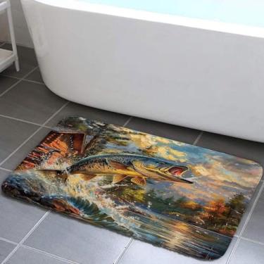 Imagem de Xguatan Tapete de banho rústico para cabana, tapete de casa de banho de pesca de lago, acampamento de caça, floresta natureza, arte, pescador, tapete macio, antiderrapante, para cozinha, 48 x 78 cm